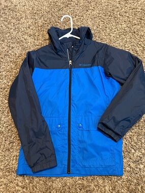 Columbia Blue and Navy Kids Hooded Rain Jacket